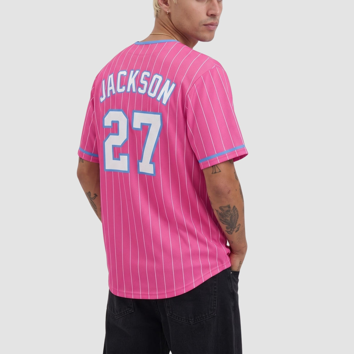 Custom Pink Light Blue-White Pinstripe Festure Baseball Jersey