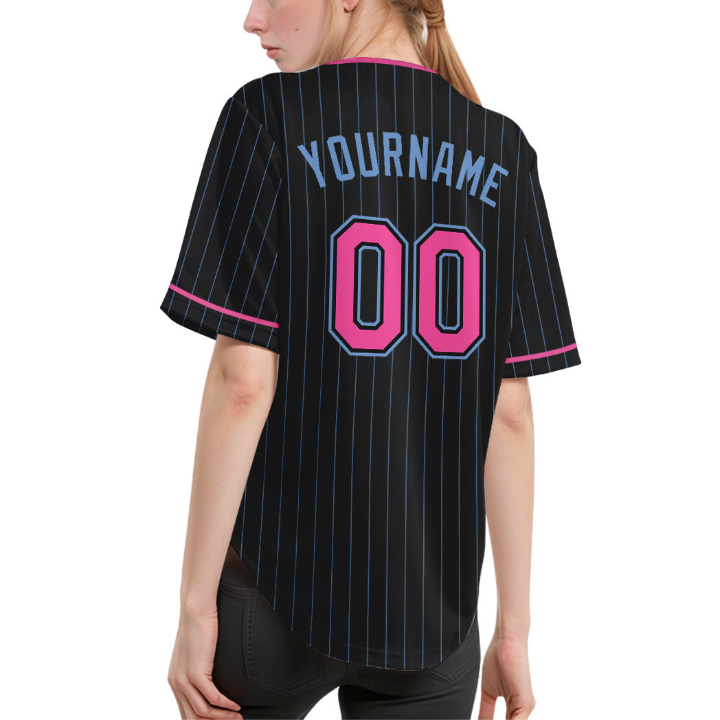 Custom Black Light Blue Pink Pinstripe Baseball Jersey