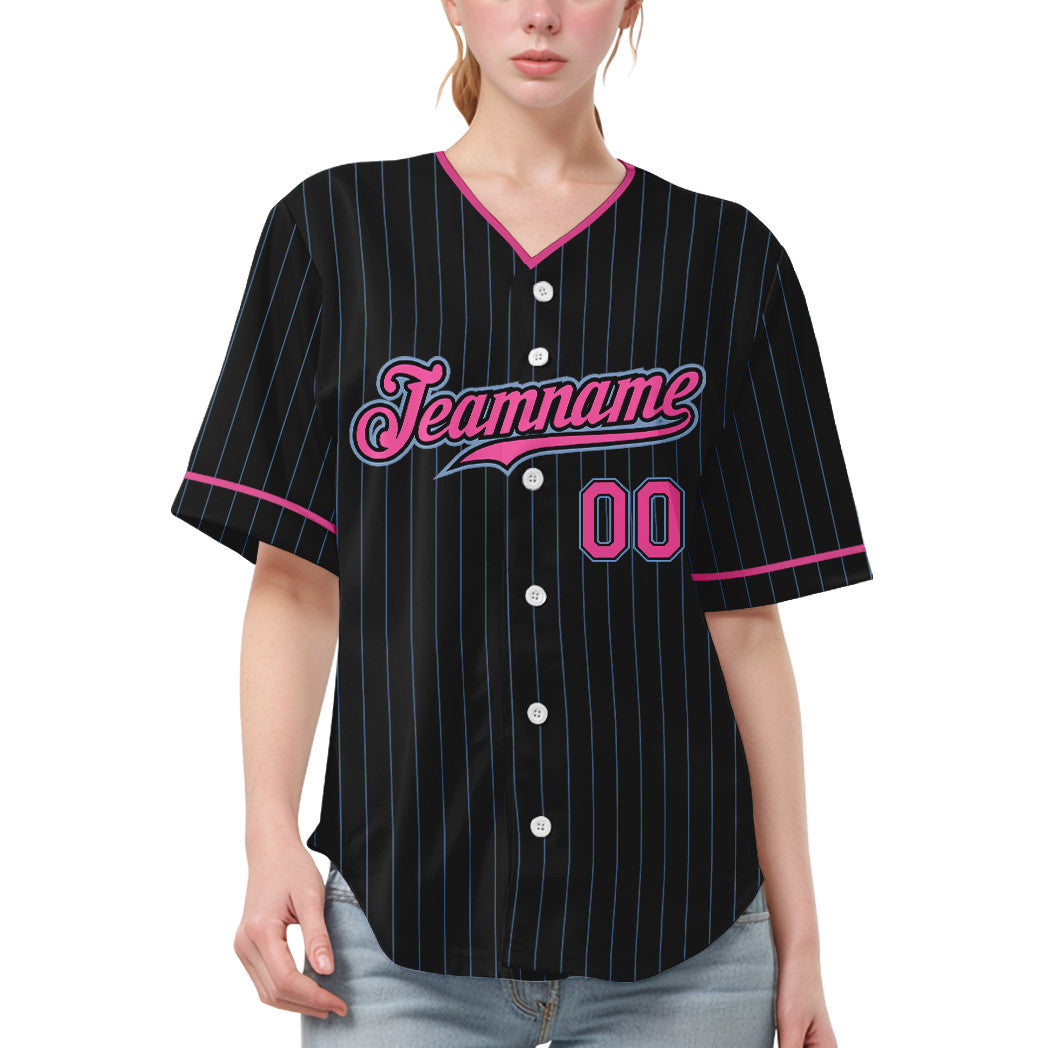 Custom Black Light Blue Pink Pinstripe Baseball Jersey