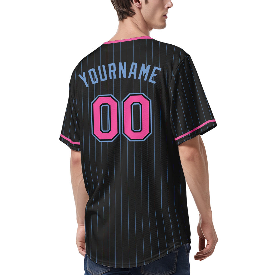 Custom Black Light Blue Pink Pinstripe Baseball Jersey