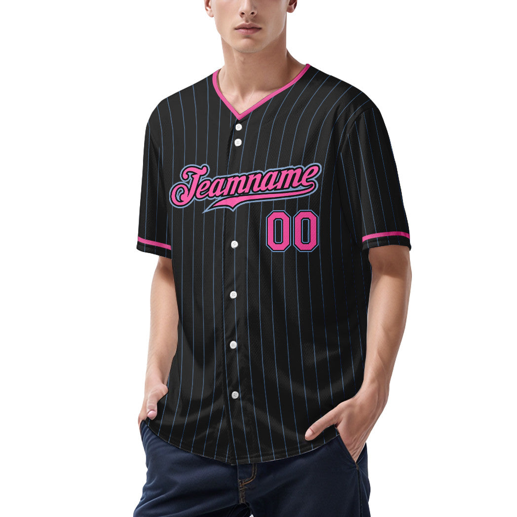 Custom Black Light Blue Pink Pinstripe Baseball Jersey