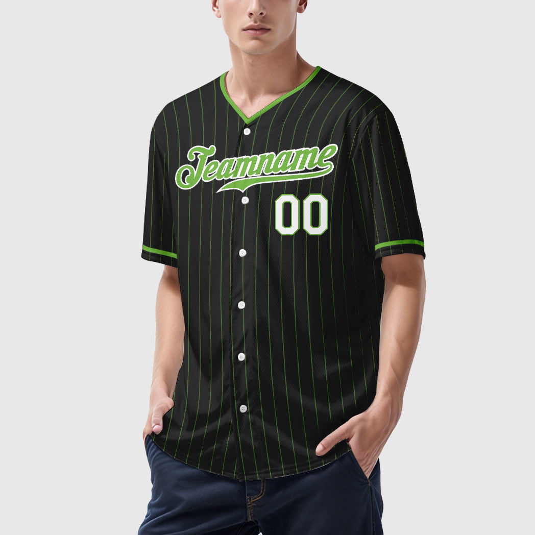 Custom Black Neon Green Pinstripe Baseball Jersey