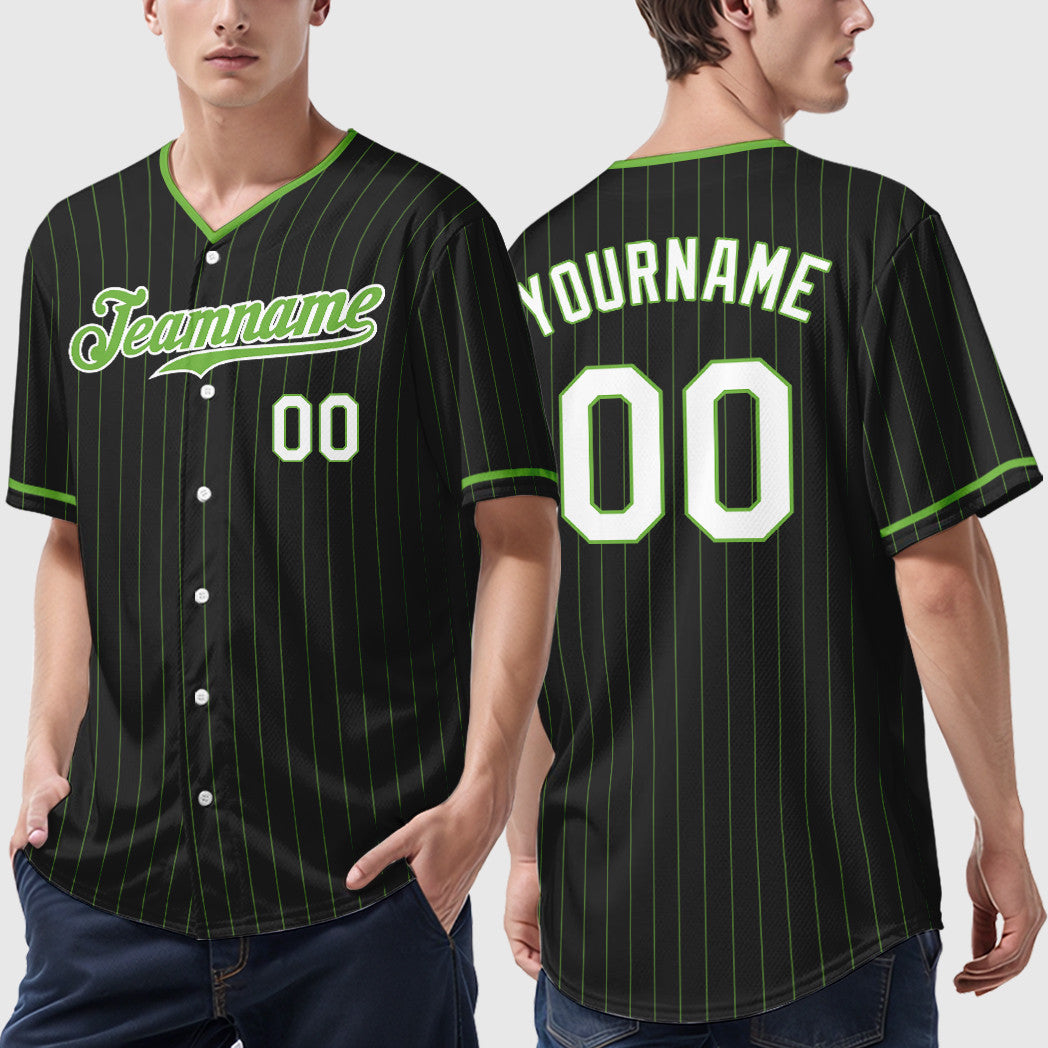 Custom Black Neon Green Pinstripe Baseball Jersey