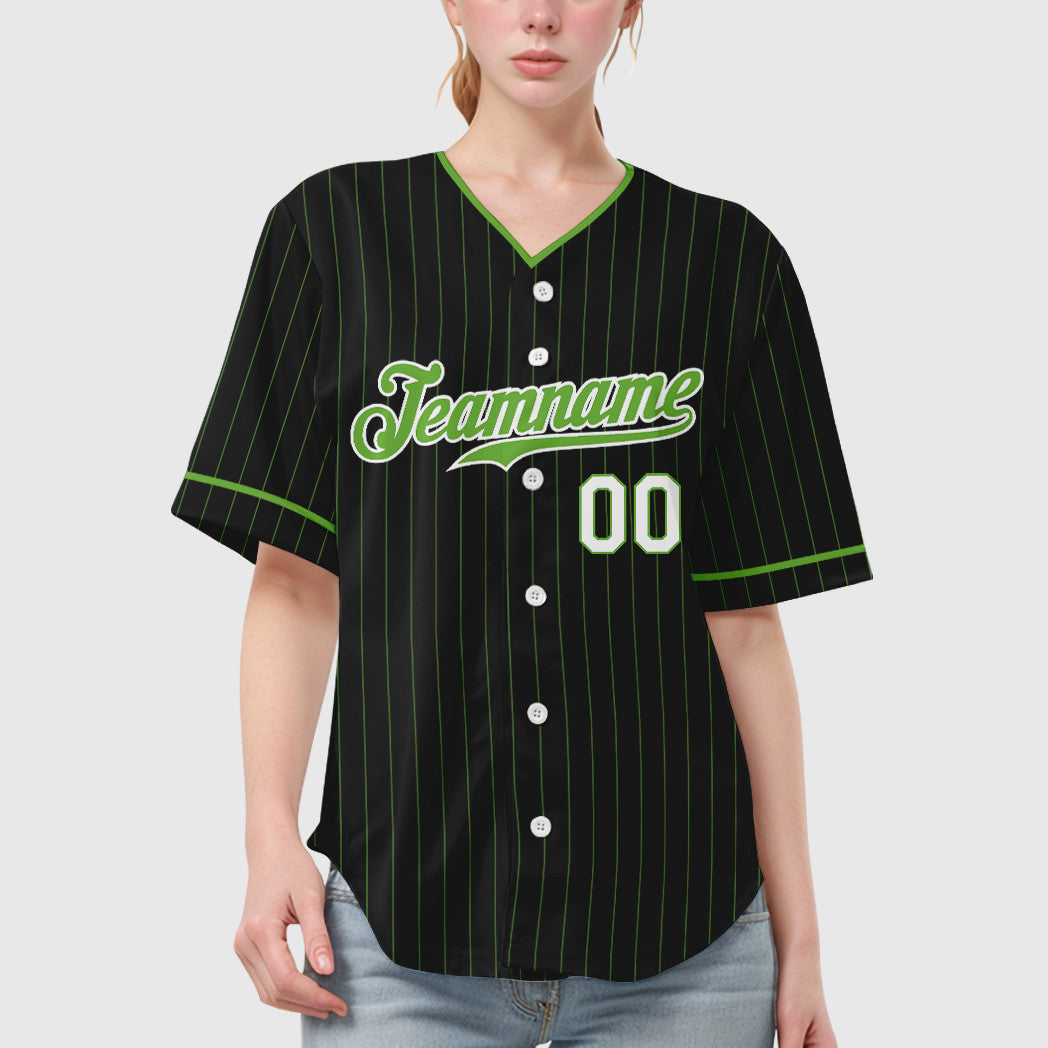 Custom Black Neon Green Pinstripe Baseball Jersey