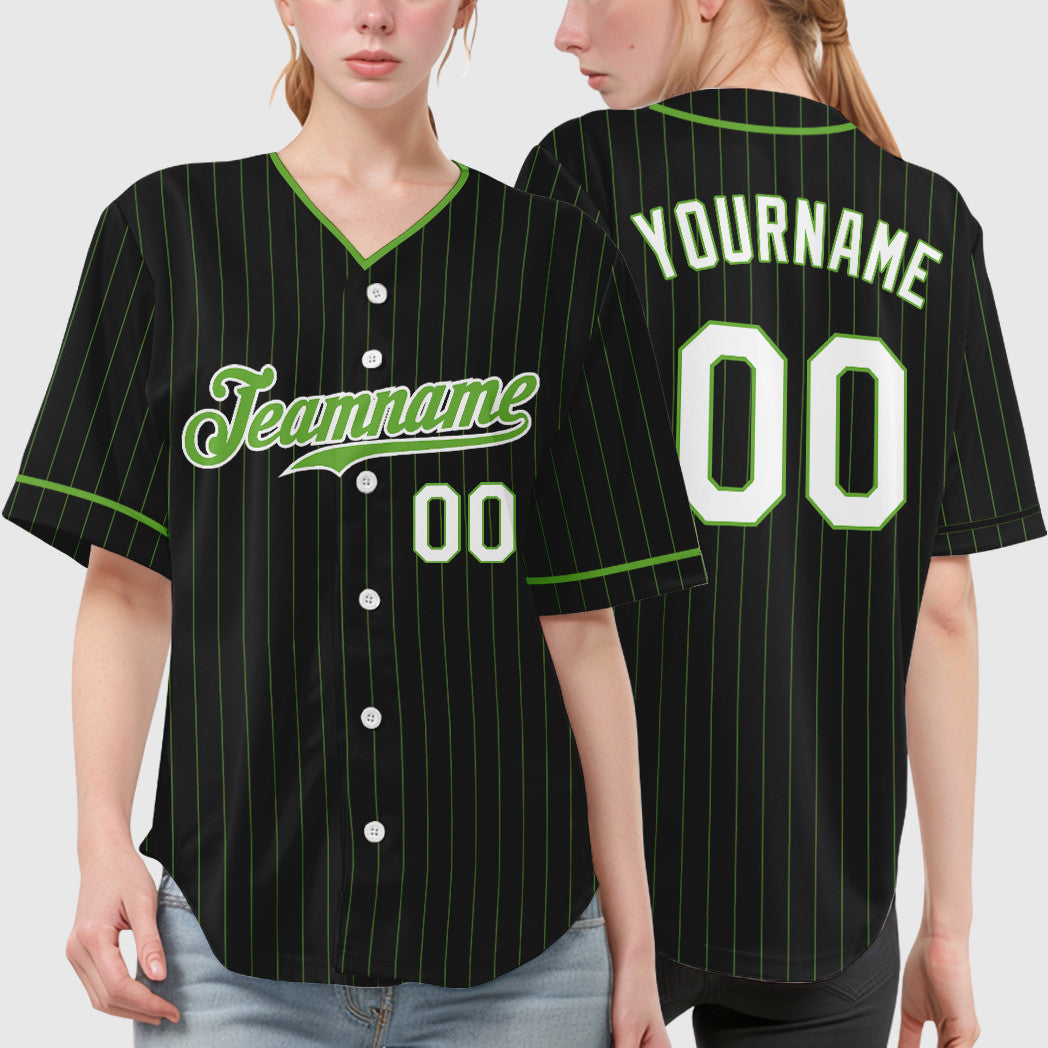 Custom Black Neon Green Pinstripe Baseball Jersey