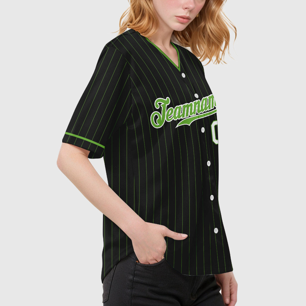 Custom Black Neon Green Pinstripe Baseball Jersey