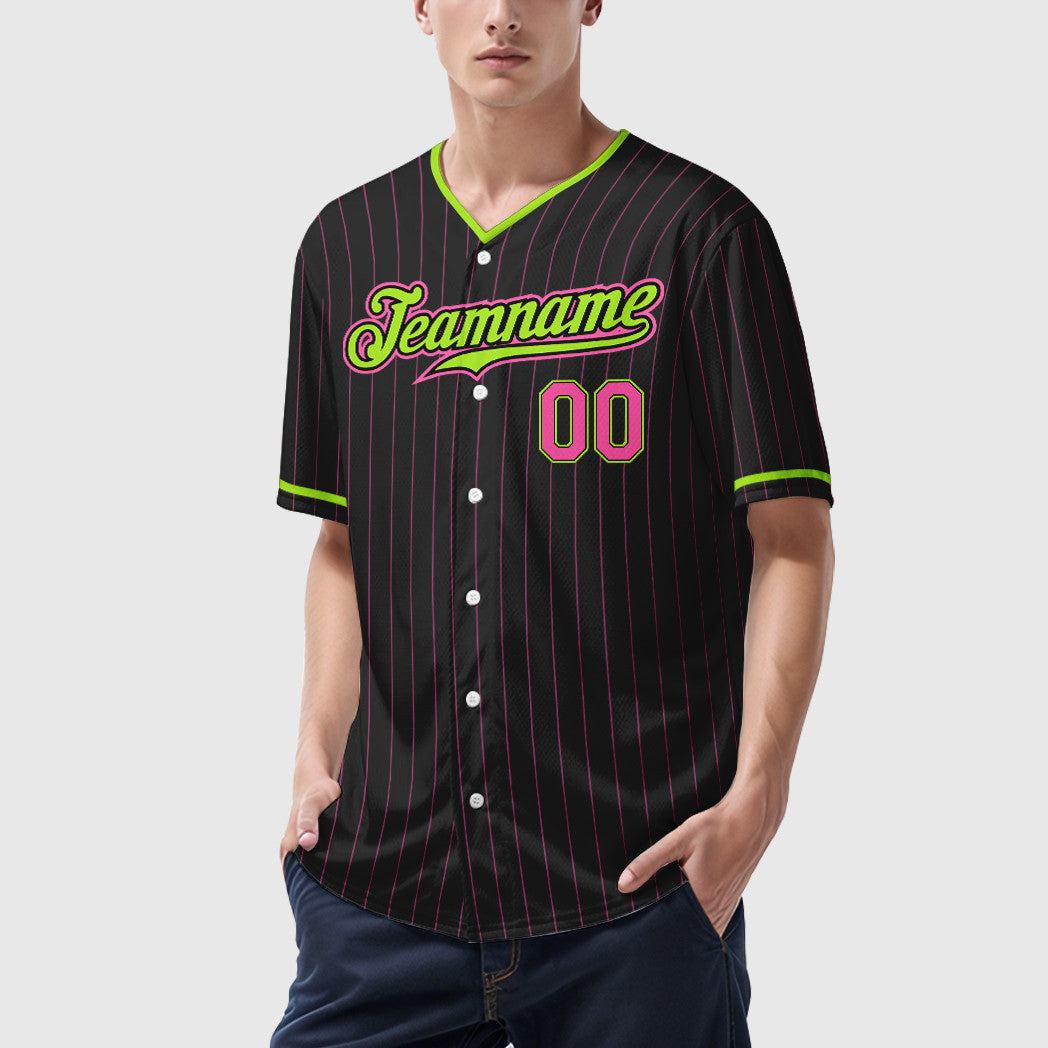 Custom Black Pink Green-Neon Pinstripe Baseball Jersey