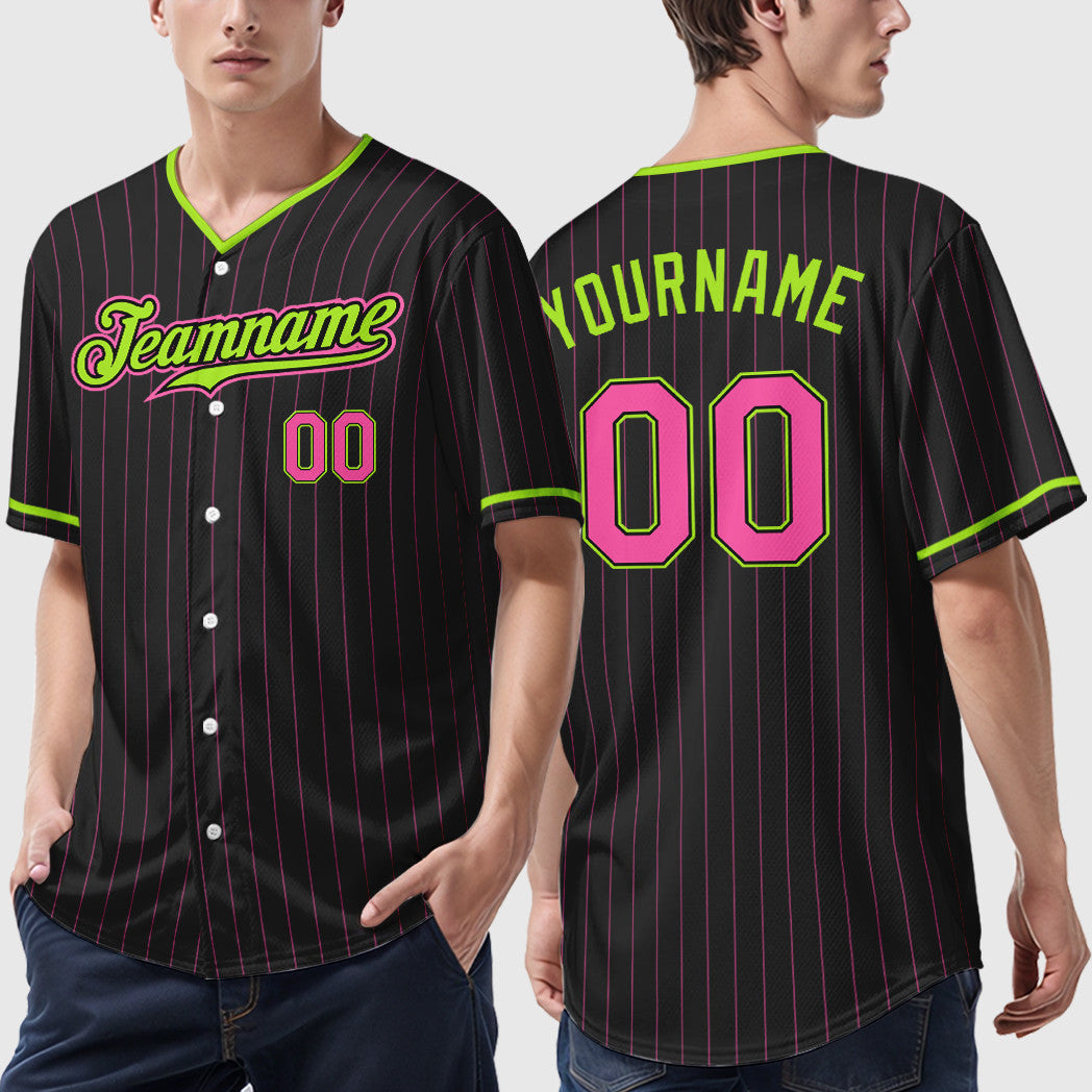 Custom Black Pink Green-Neon Pinstripe Baseball Jersey