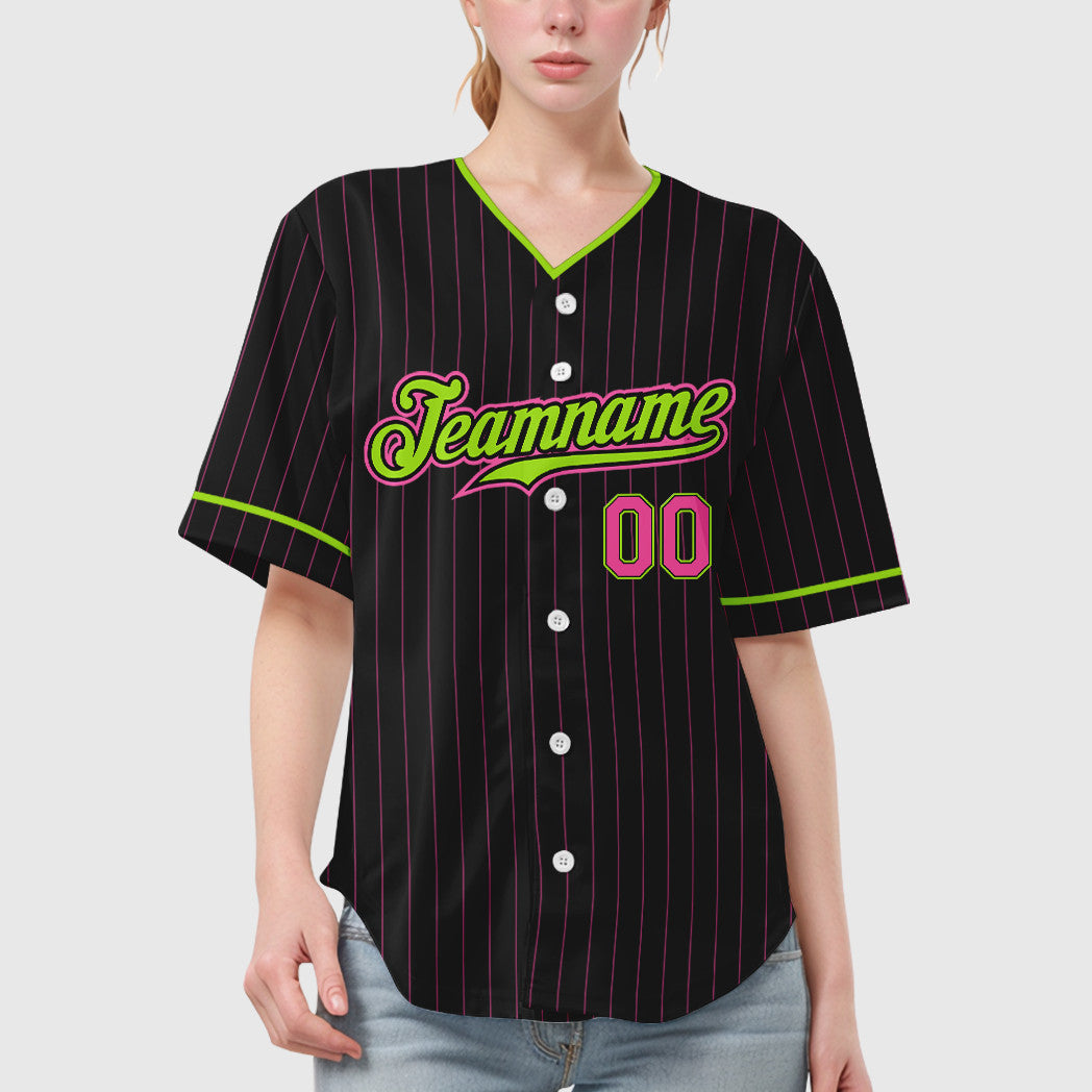 Custom Black Pink Green-Neon Pinstripe Baseball Jersey
