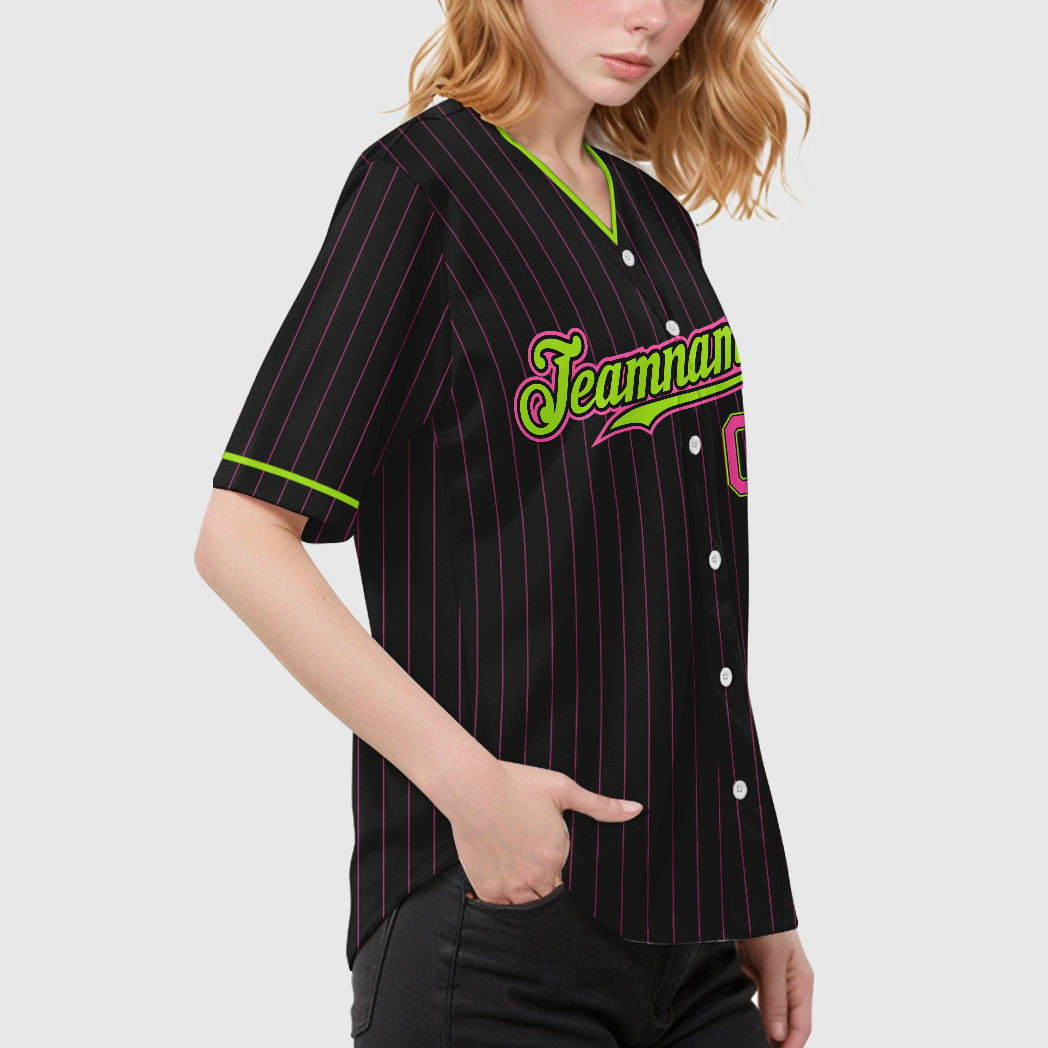 Custom Black Pink Green-Neon Pinstripe Baseball Jersey