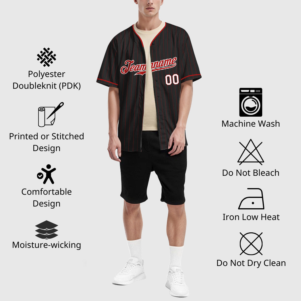 Custom Black Red-White Pinstripe Baseball Jersey