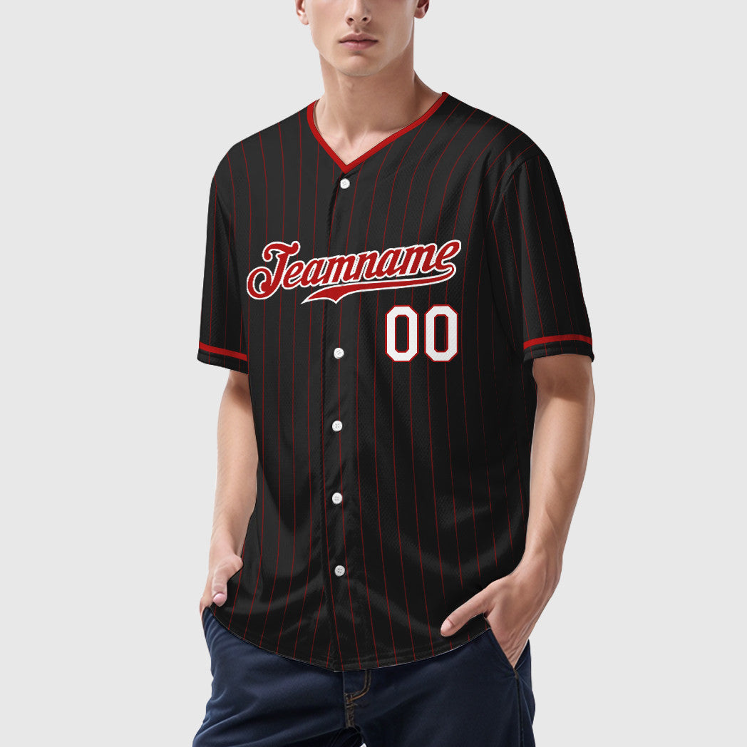 Custom Black Red-White Pinstripe Baseball Jersey