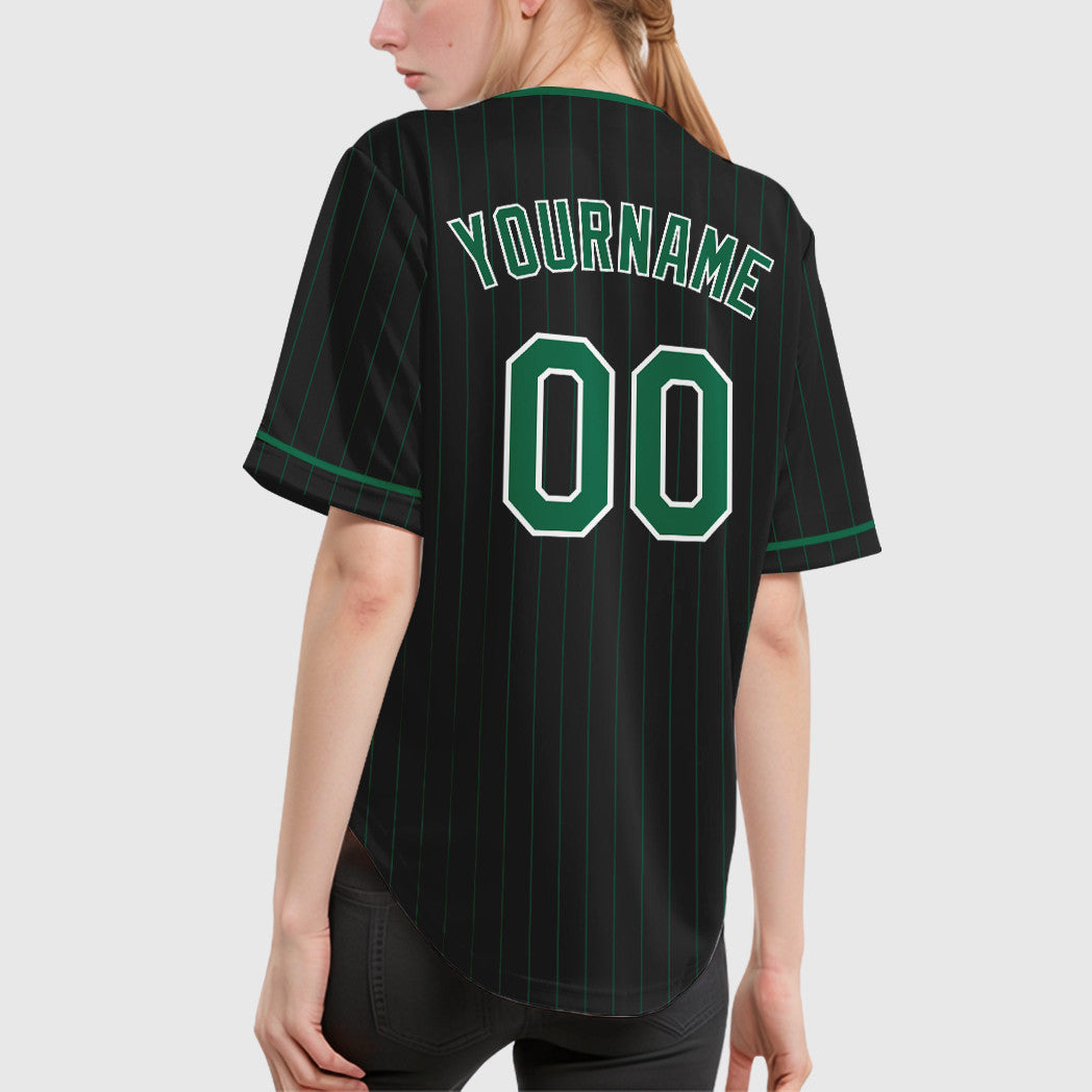 Custom Black Kelly Green Pinstripe Baseball Jersey