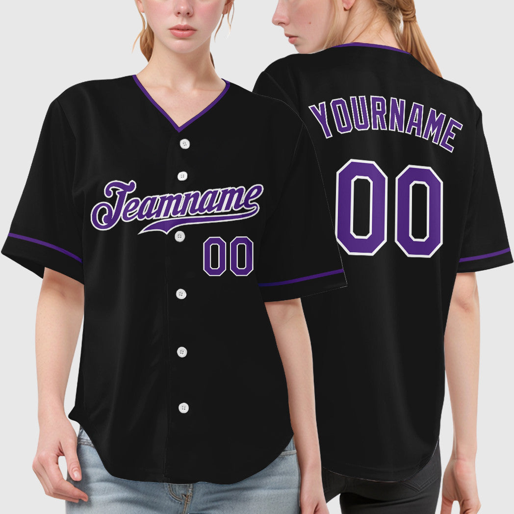 Custom Black White Purple Collar Sleeve Baseball Jersey