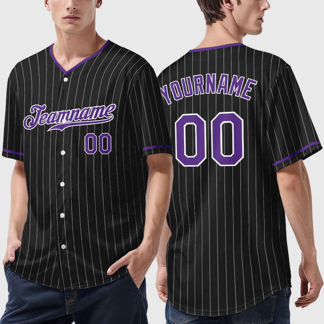 Custom Black White Purple Pinstripe Baseball Jersey