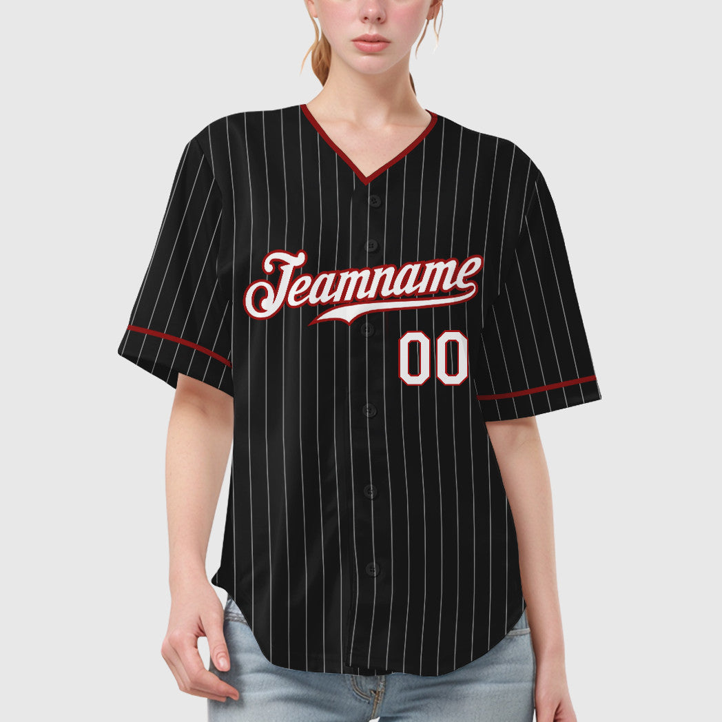Custom Black White-Red Pinstripe Baseball Jersey