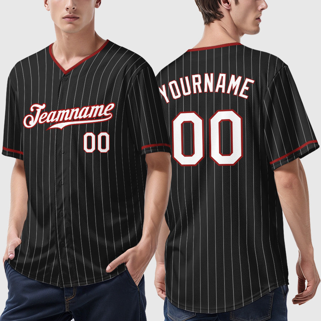 Custom Black White-Red Pinstripe Baseball Jersey