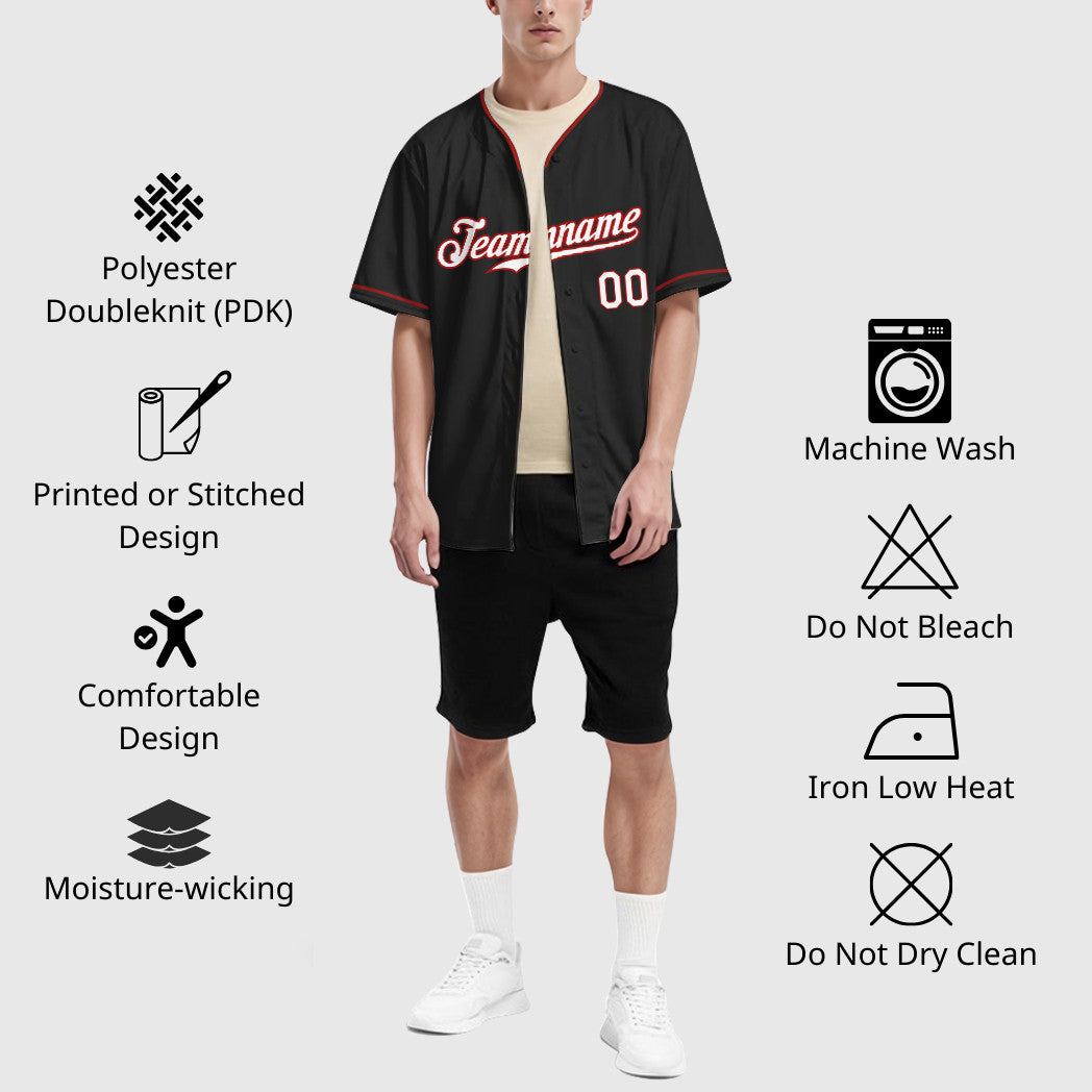 Custom Black White-Red Collar Sleeve Baseball Jersey