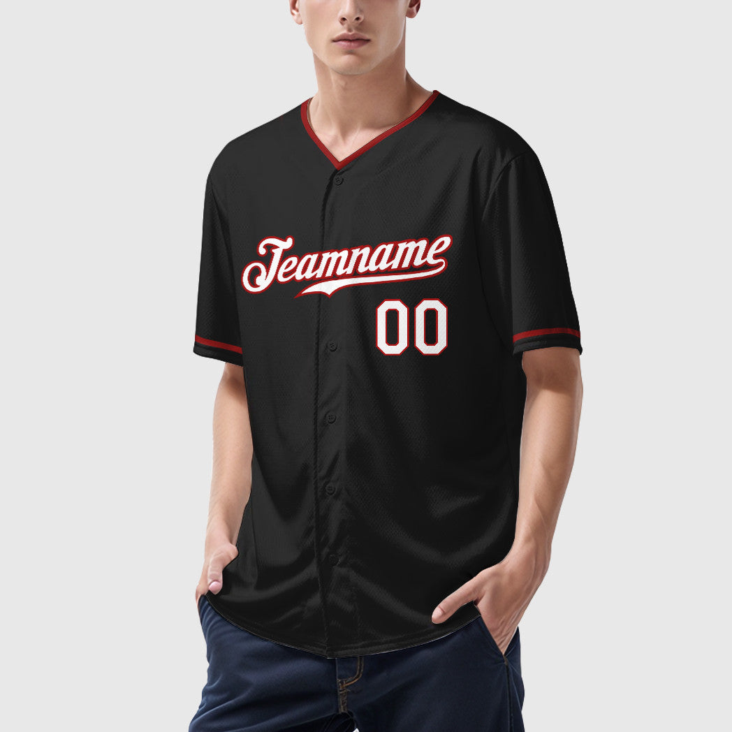 Custom Black White-Red Collar Sleeve Baseball Jersey