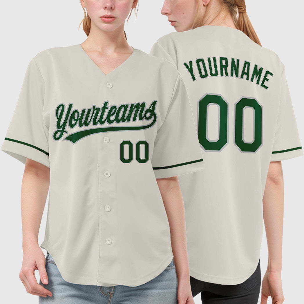 Custom Cream Gray Green Baseball Jersey