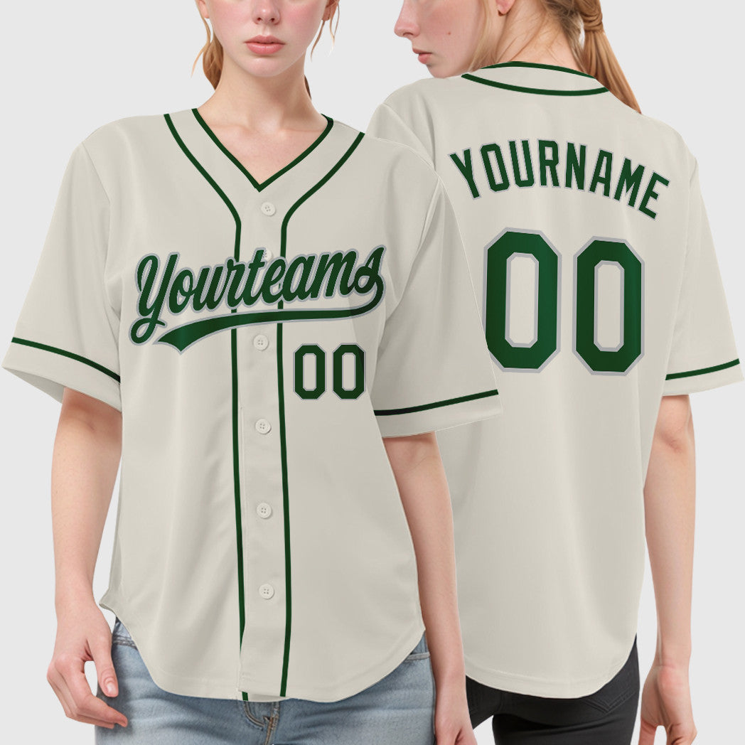 Custom Cream Gray Green Piping Baseball Jersey
