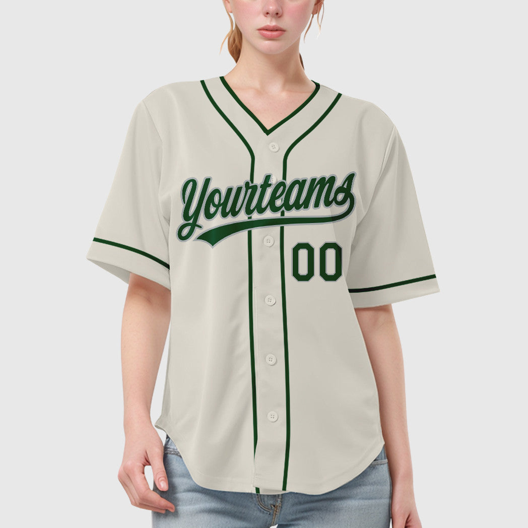 Custom Cream Gray Green Piping Baseball Jersey