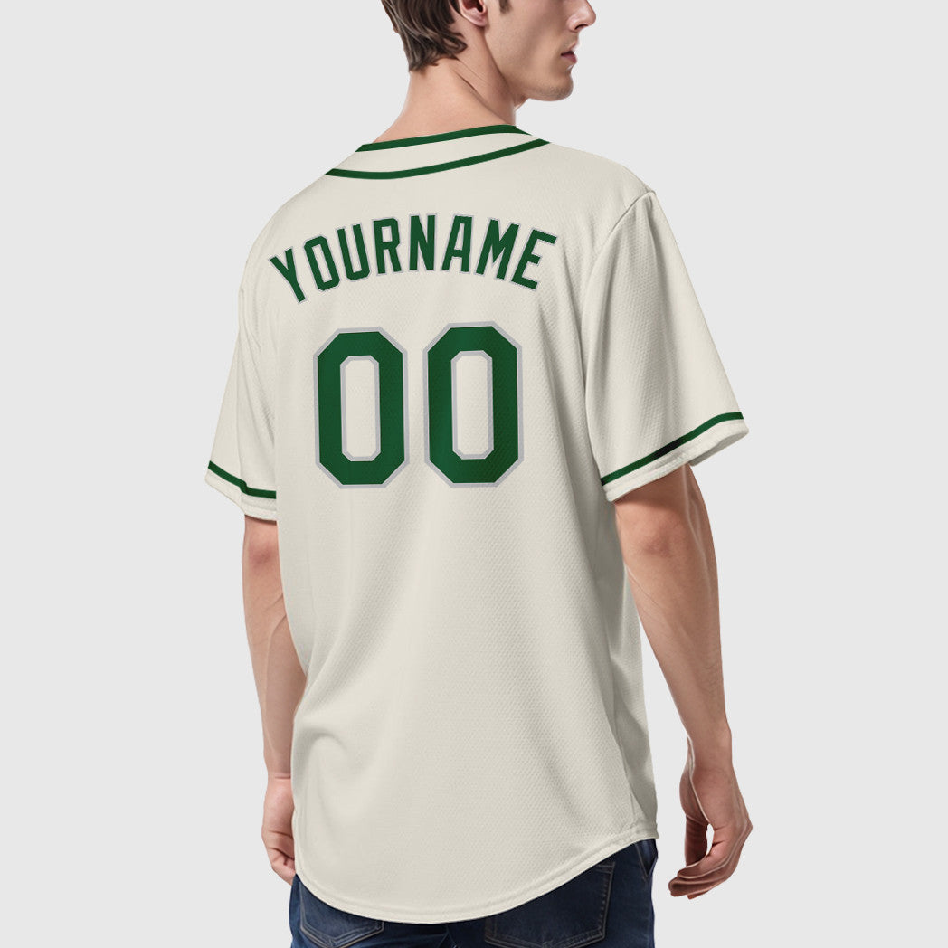 Custom Cream Gray Green Piping Baseball Jersey