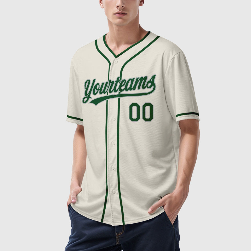 Custom Cream Gray Green Piping Baseball Jersey