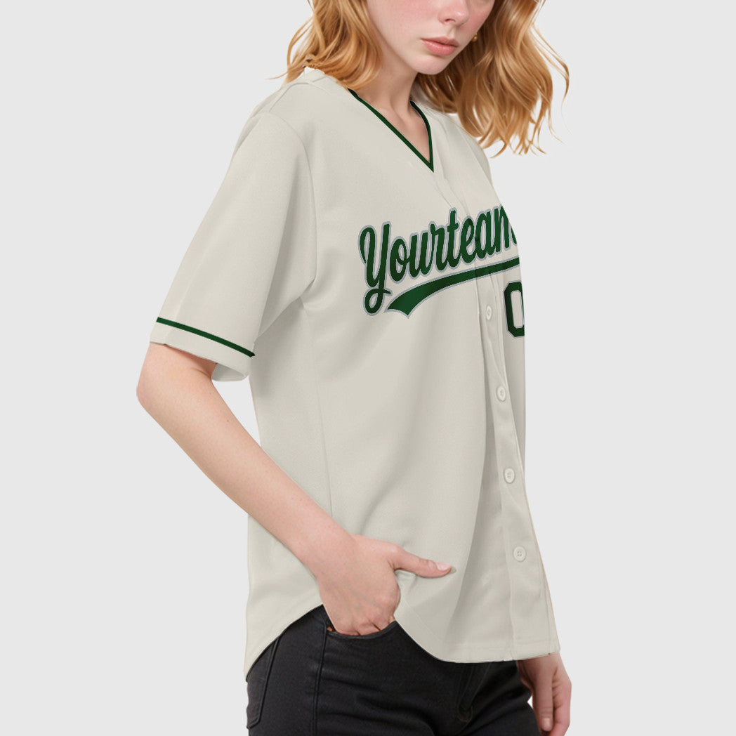 Custom Cream Gray Green Collar Sleeve Baseball Jersey