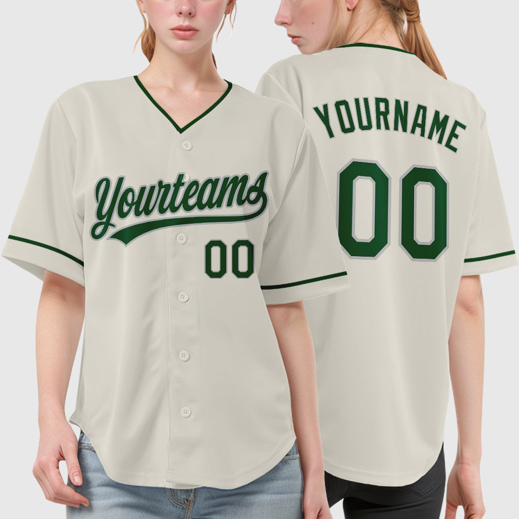 Custom Cream Gray Green Collar Sleeve Baseball Jersey