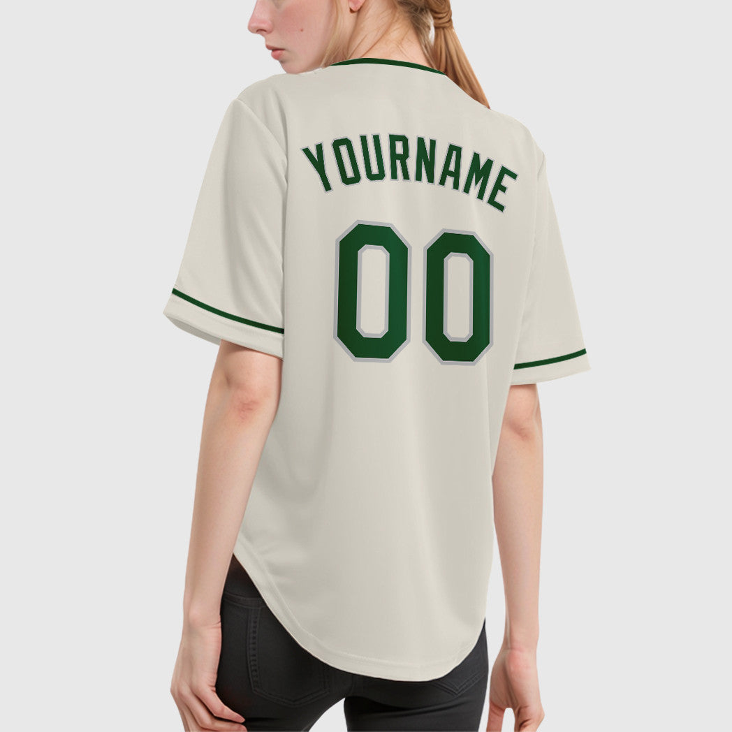 Custom Cream Gray Green Collar Sleeve Baseball Jersey