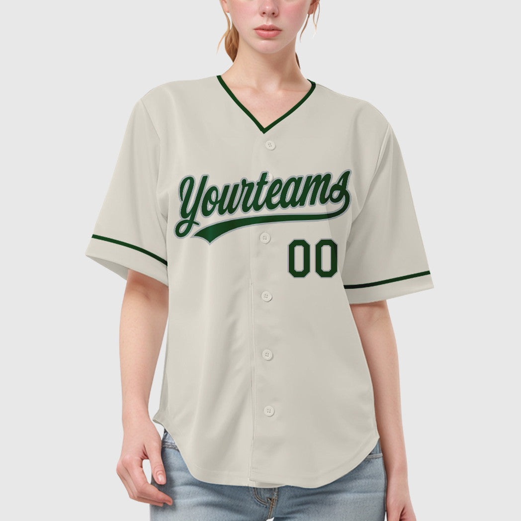 Custom Cream Gray Green Collar Sleeve Baseball Jersey