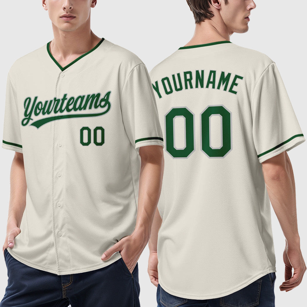 Custom Cream Gray Green Collar Sleeve Baseball Jersey