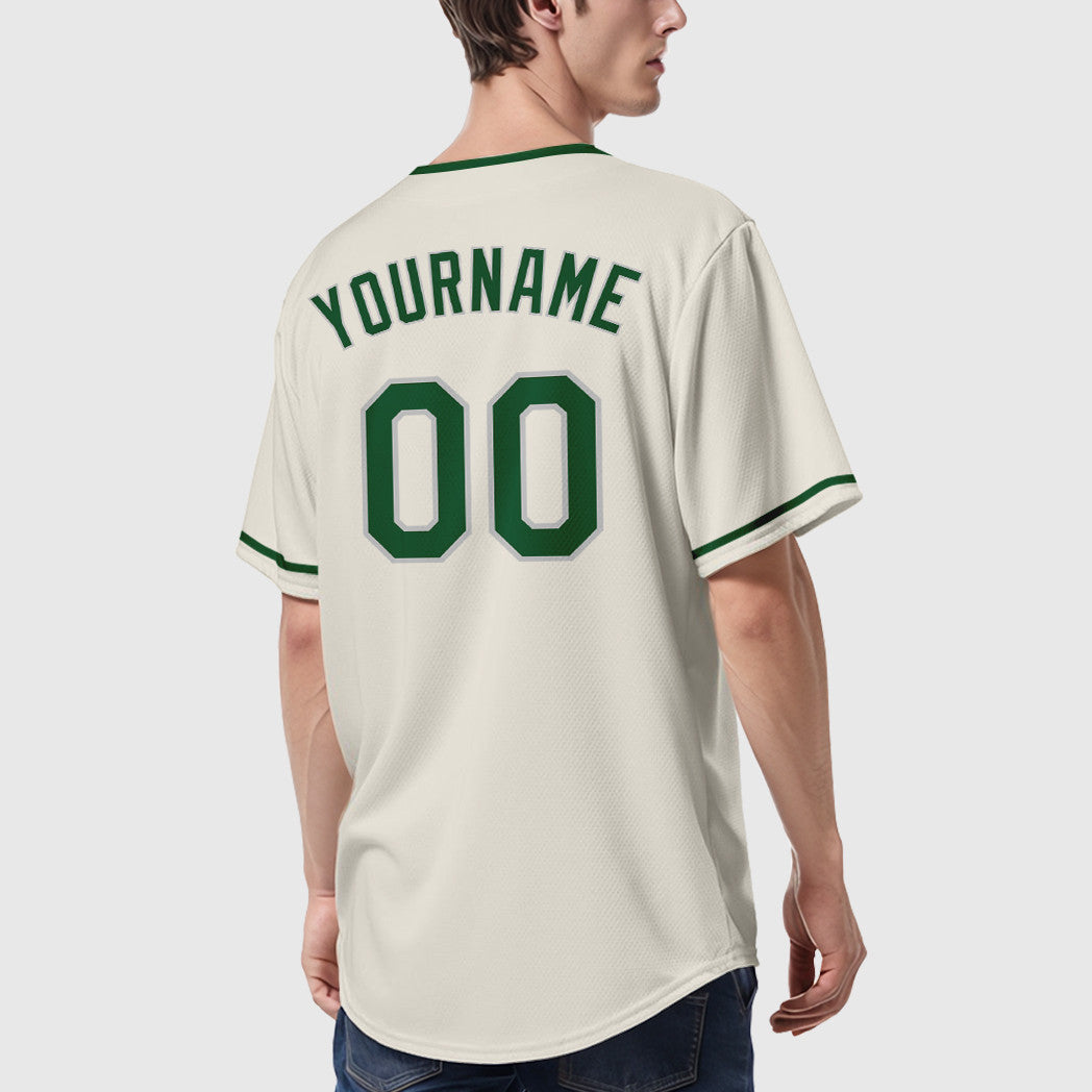 Custom Cream Gray Green Collar Sleeve Baseball Jersey