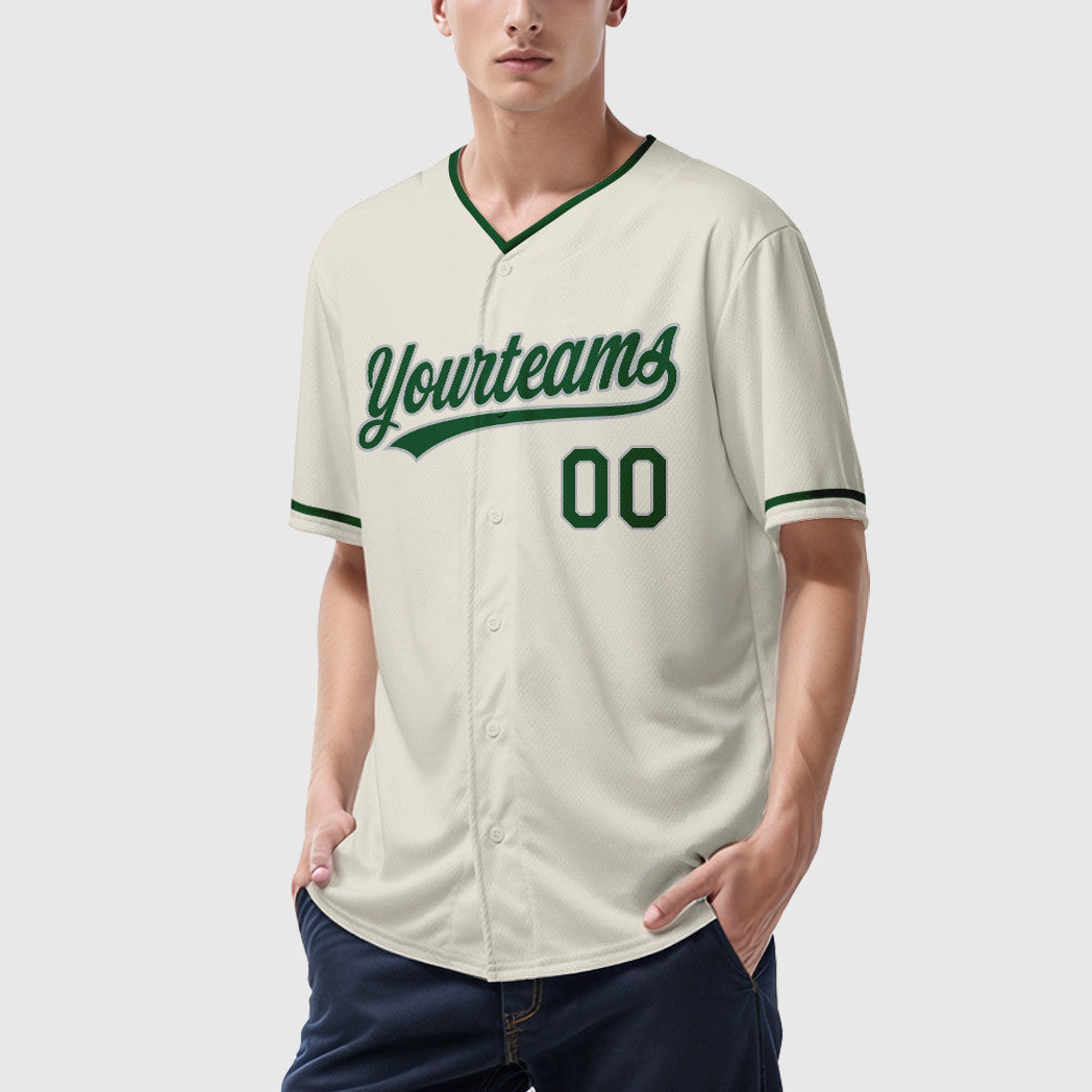 Custom Cream Gray Green Collar Sleeve Baseball Jersey