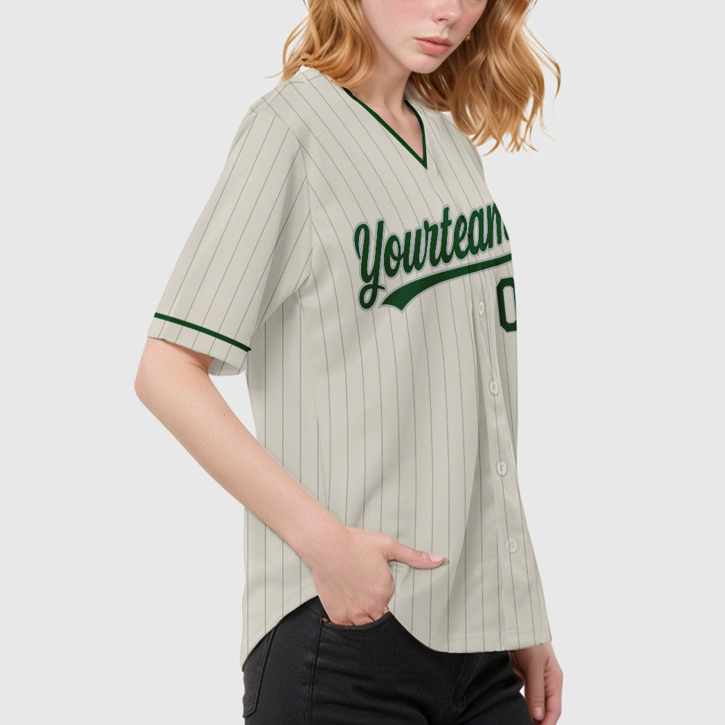 Custom Cream Gray Green Pinstripe Baseball Jersey