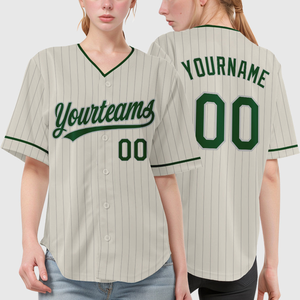 Custom Cream Gray Green Pinstripe Baseball Jersey