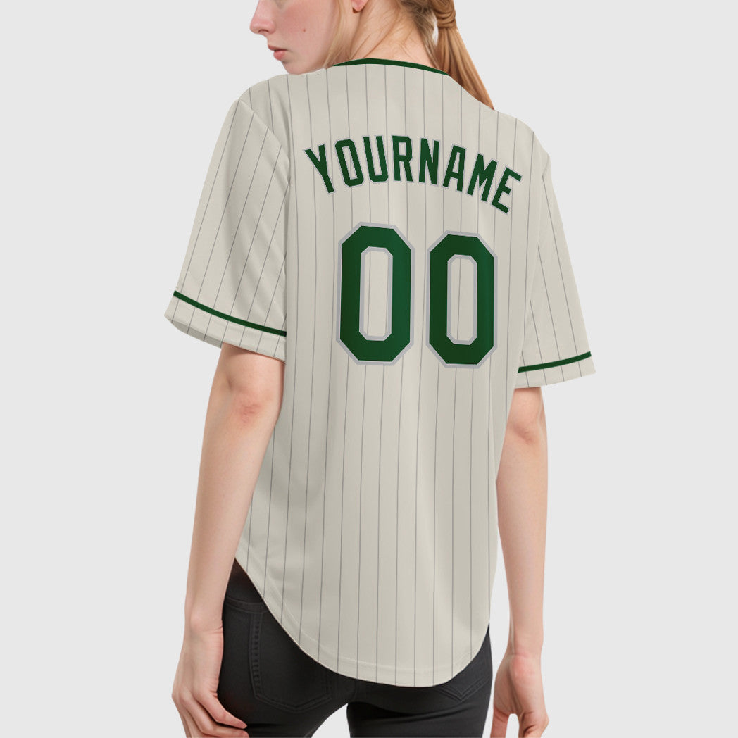 Custom Cream Gray Green Pinstripe Baseball Jersey