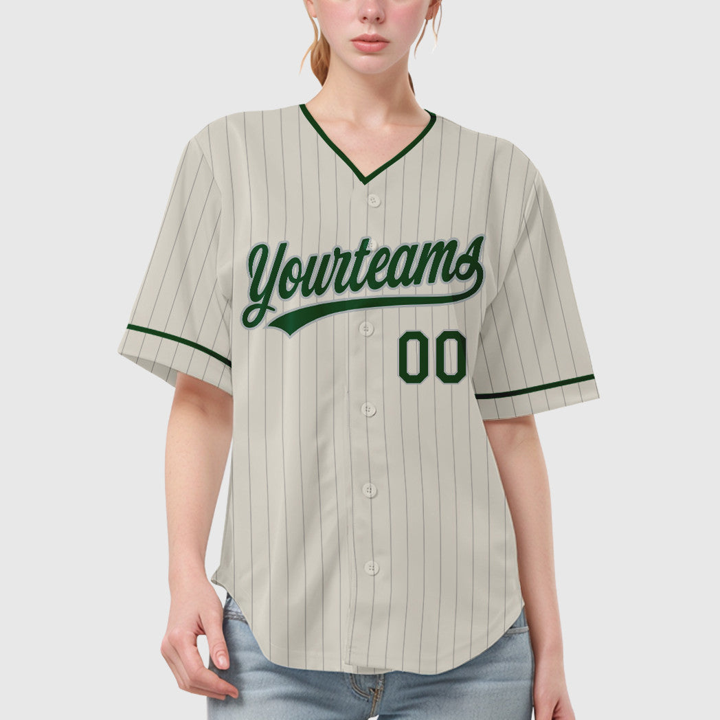 Custom Cream Gray Green Pinstripe Baseball Jersey