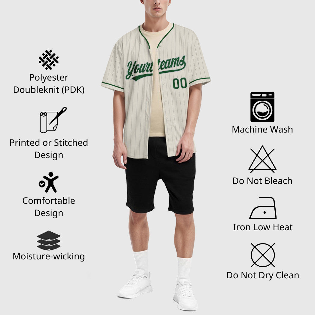 Custom Cream Gray Green Pinstripe Baseball Jersey