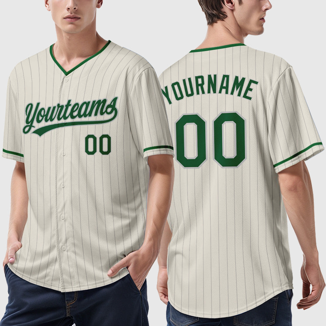Custom Cream Gray Green Pinstripe Baseball Jersey