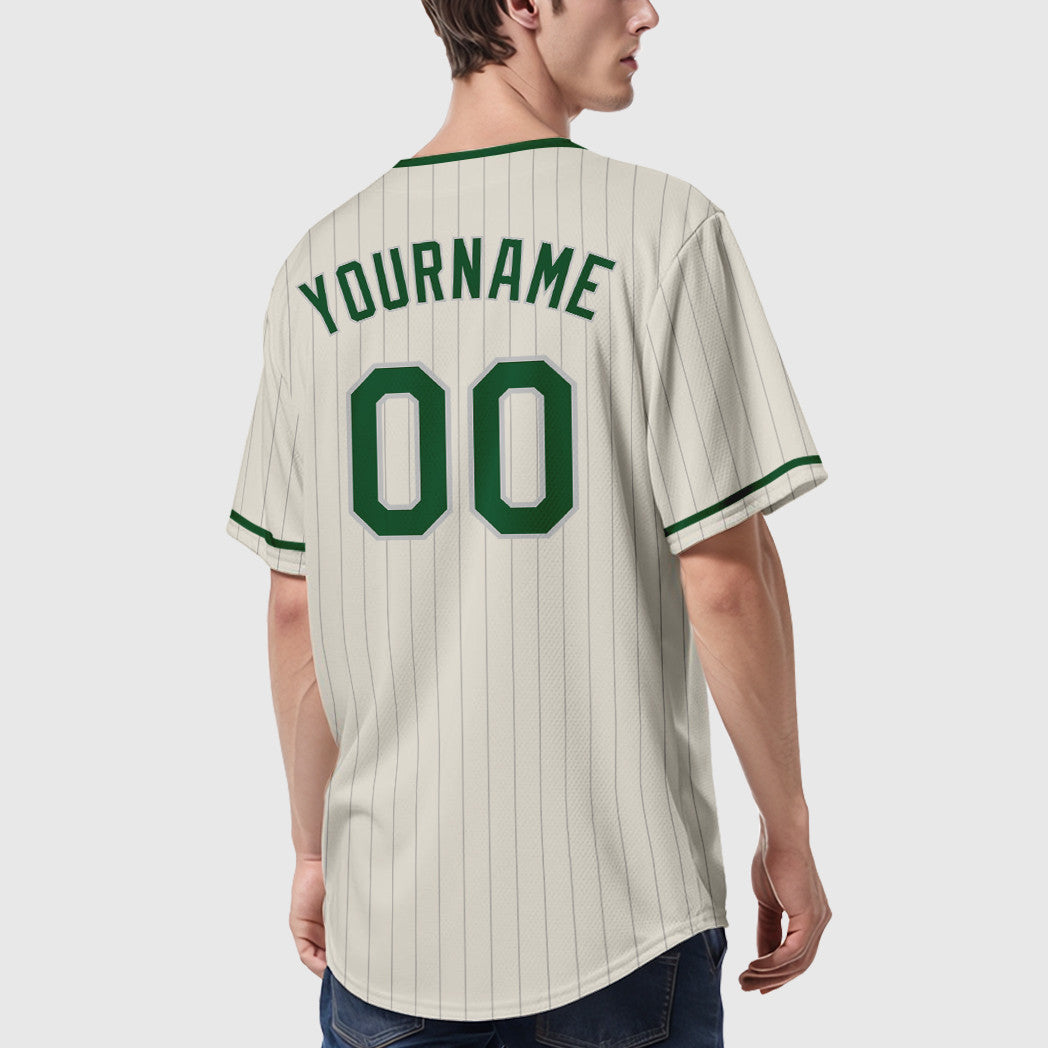 Custom Cream Gray Green Pinstripe Baseball Jersey