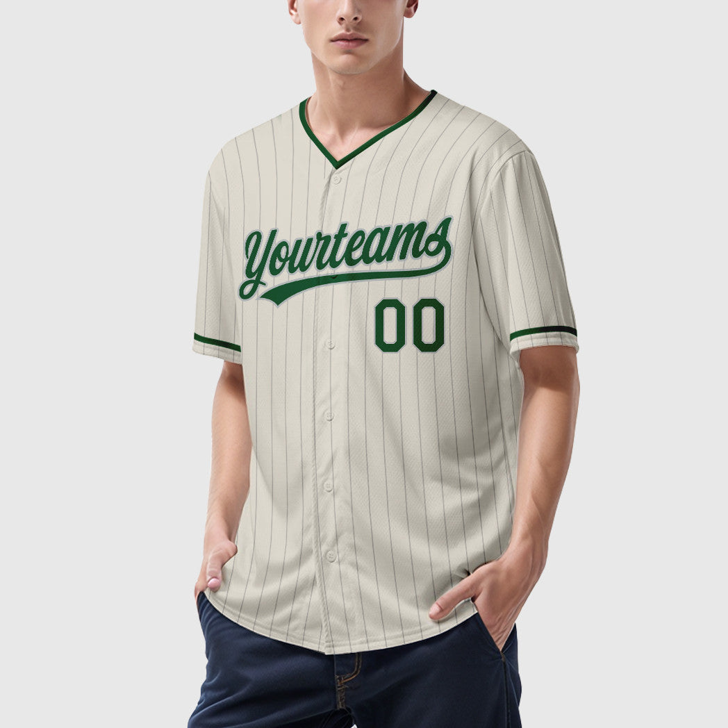 Custom Cream Gray Green Pinstripe Baseball Jersey