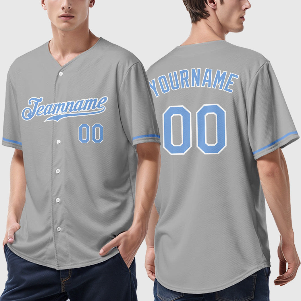 Custom Gray Light Blue-White Baseball Jersey