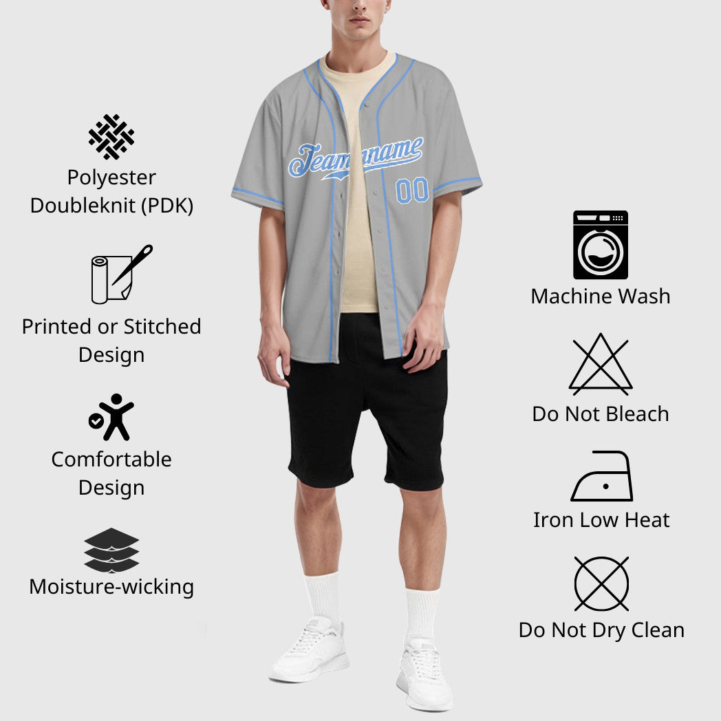 Custom Gray Light Blue-White Pipping Baseball Jersey
