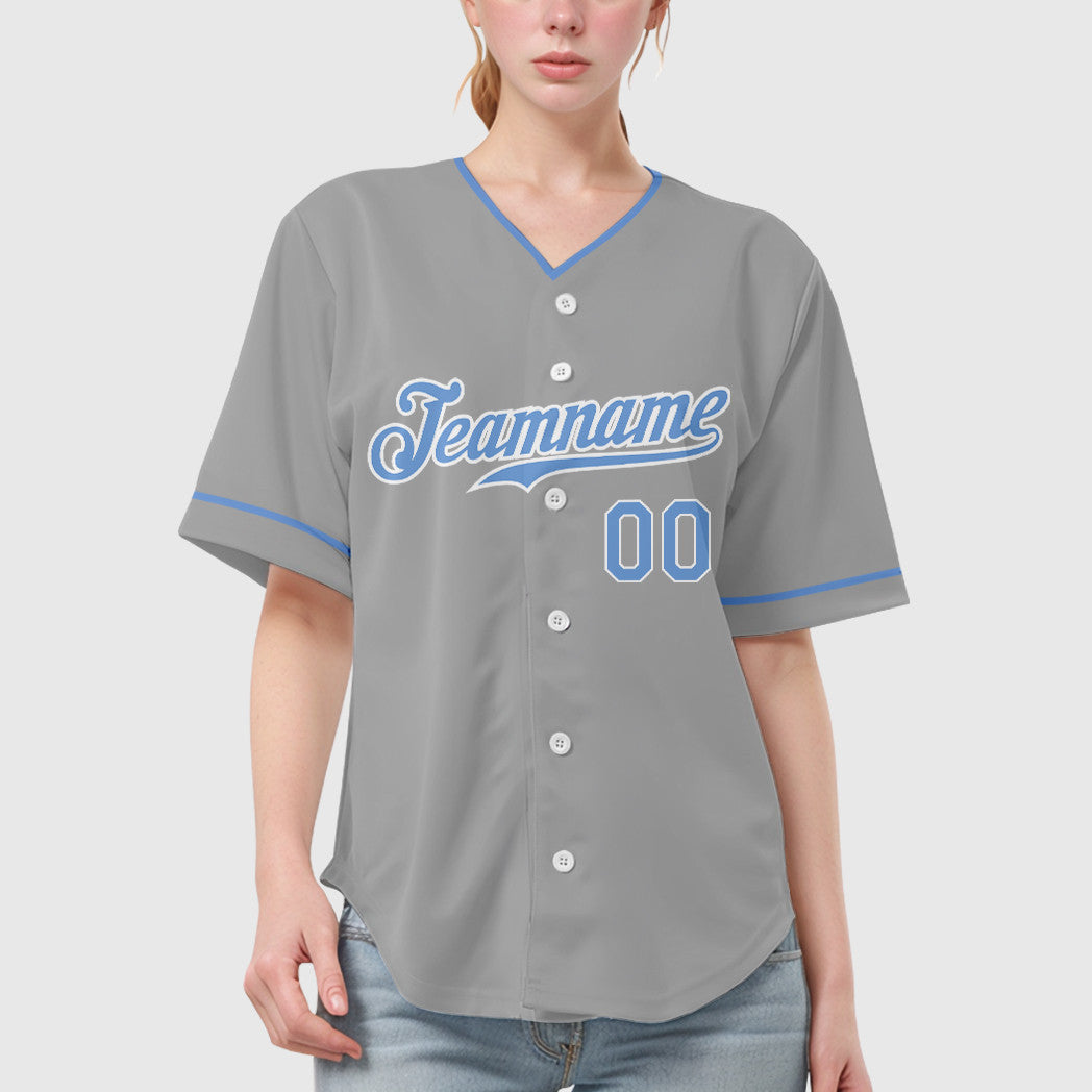Custom Gray Light Blue-White Collar Sleeve Baseball Jersey