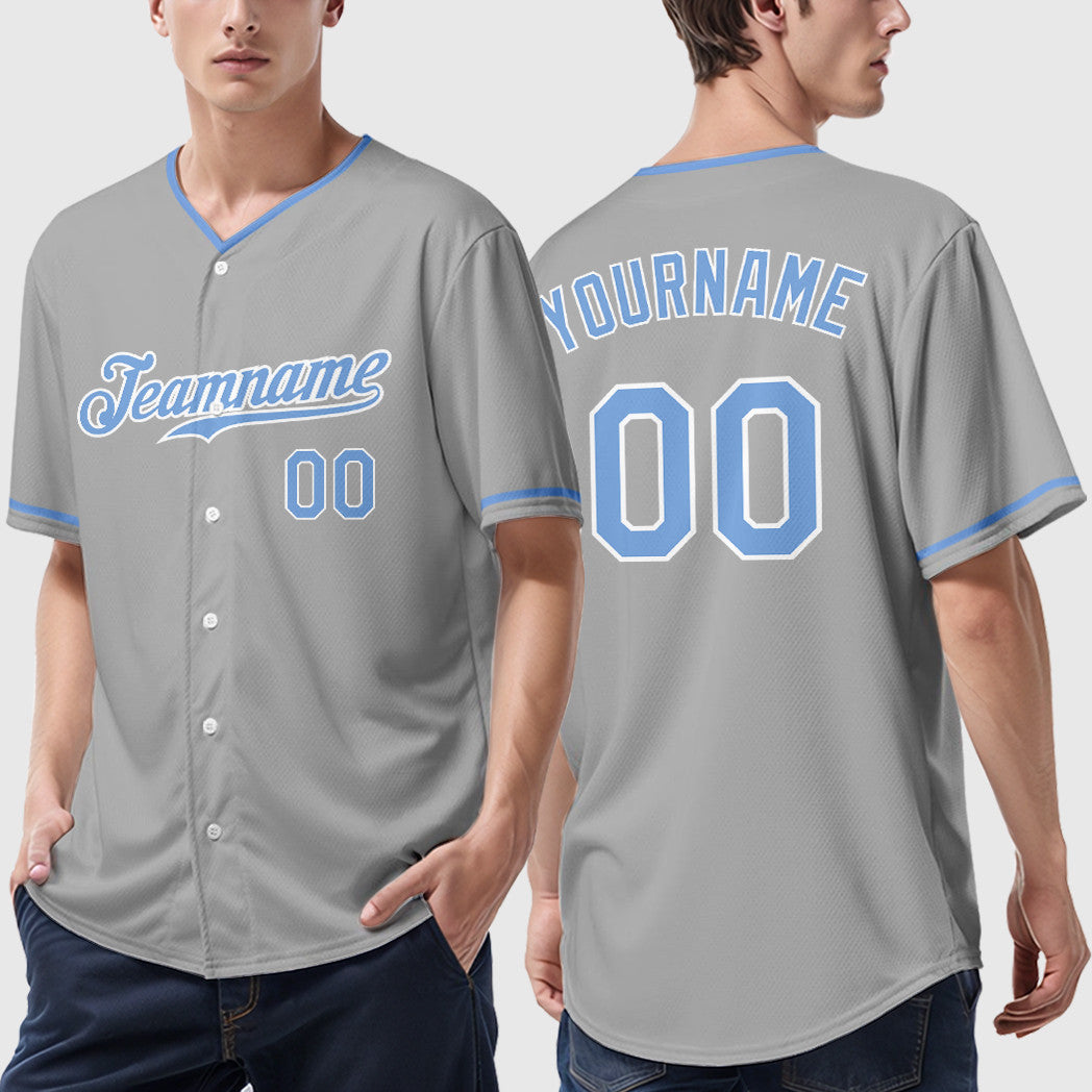 Custom Gray Light Blue-White Collar Sleeve Baseball Jersey