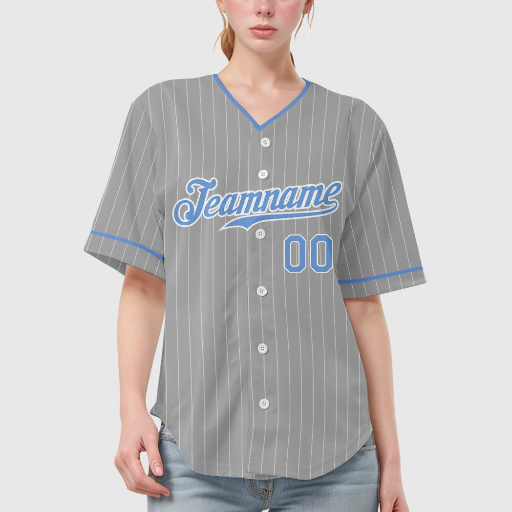 Custom Gray Light Blue-White Pinstripe Baseball Jersey