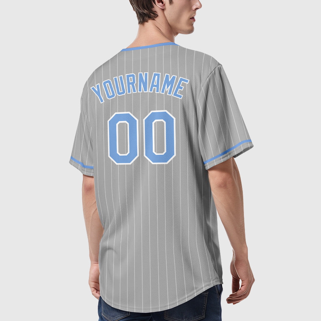 Custom Gray Light Blue-White Pinstripe Baseball Jersey