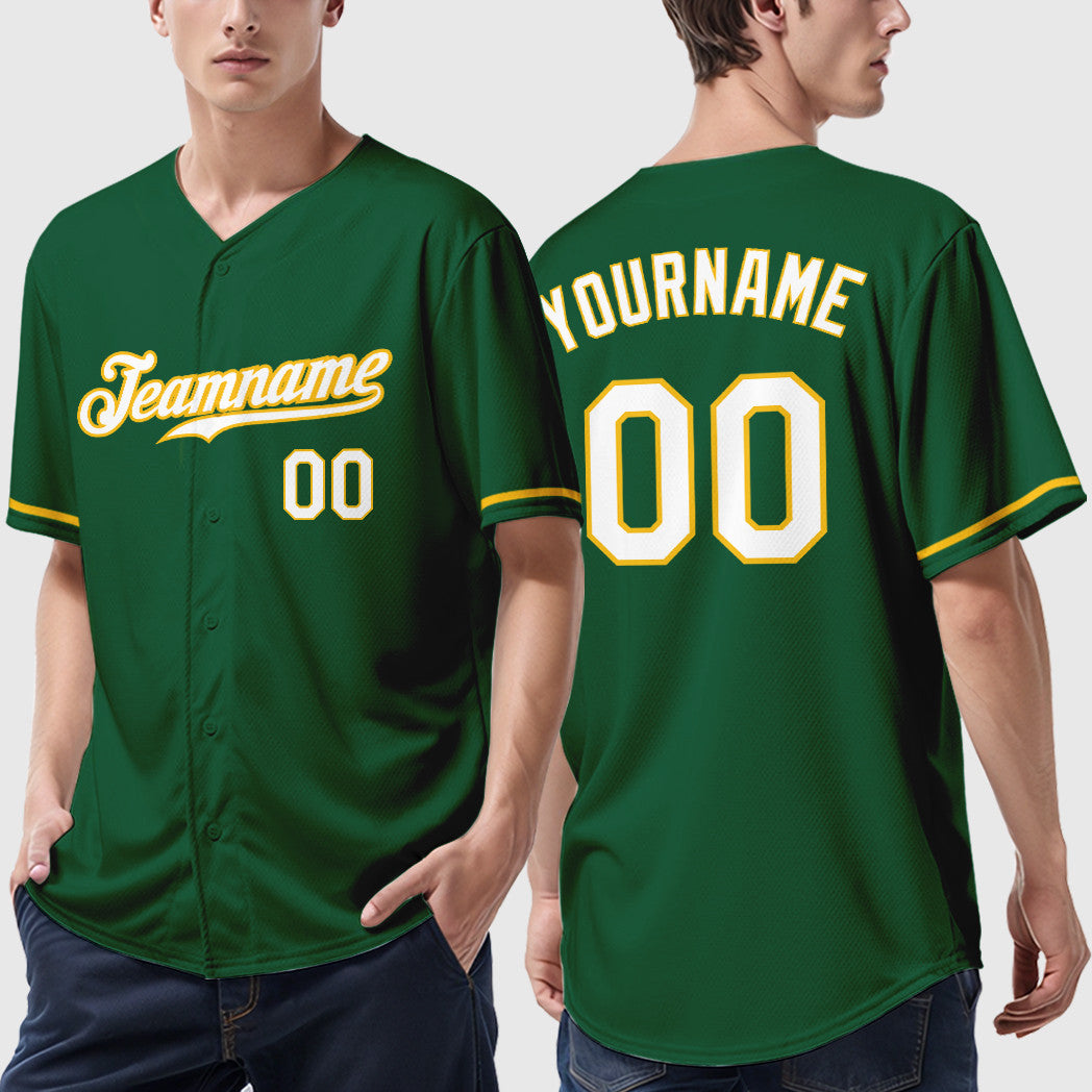 Custom Green White-Gold Baseball Jersey